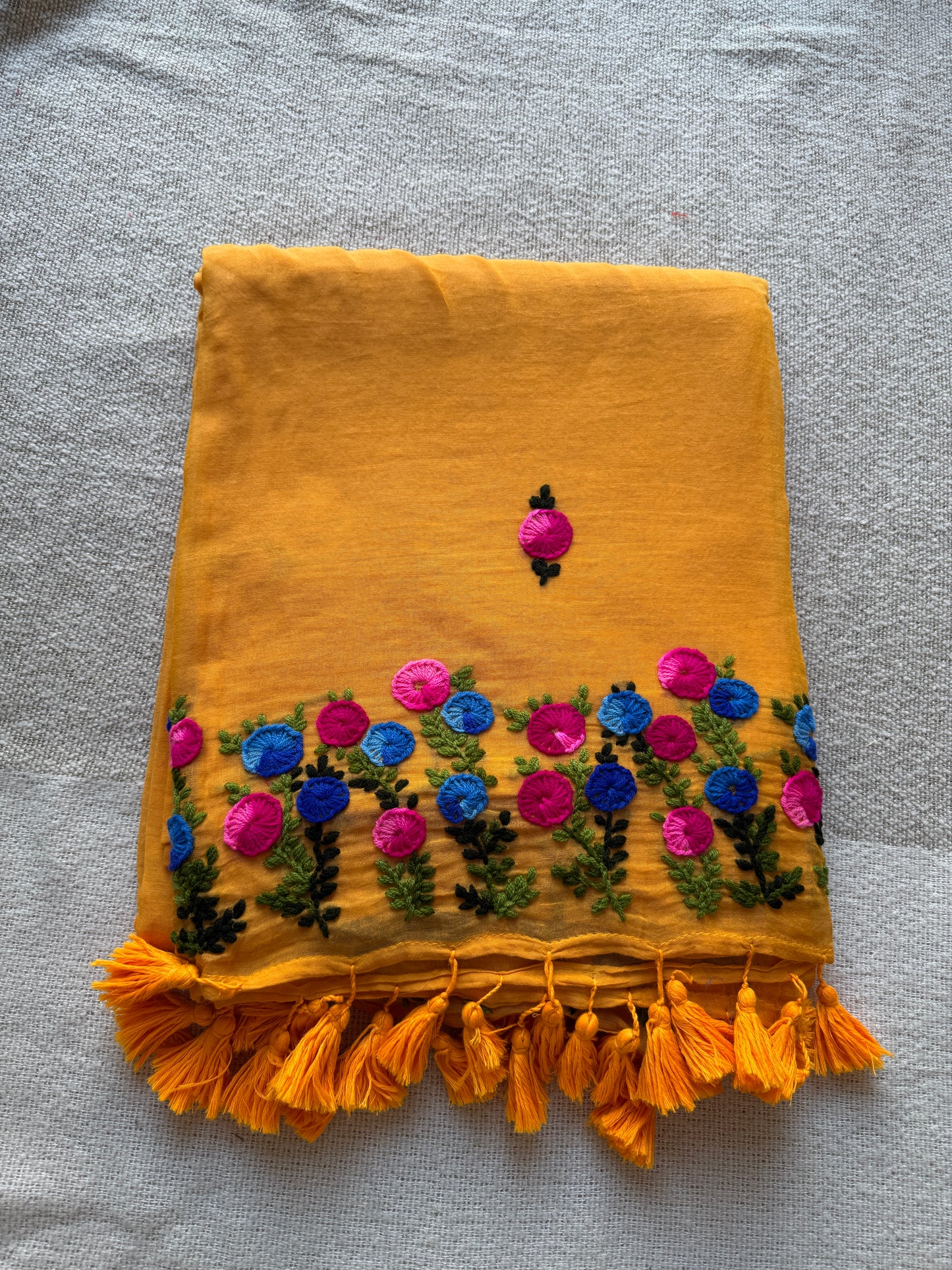Woolen Embroidered Yellow Saree