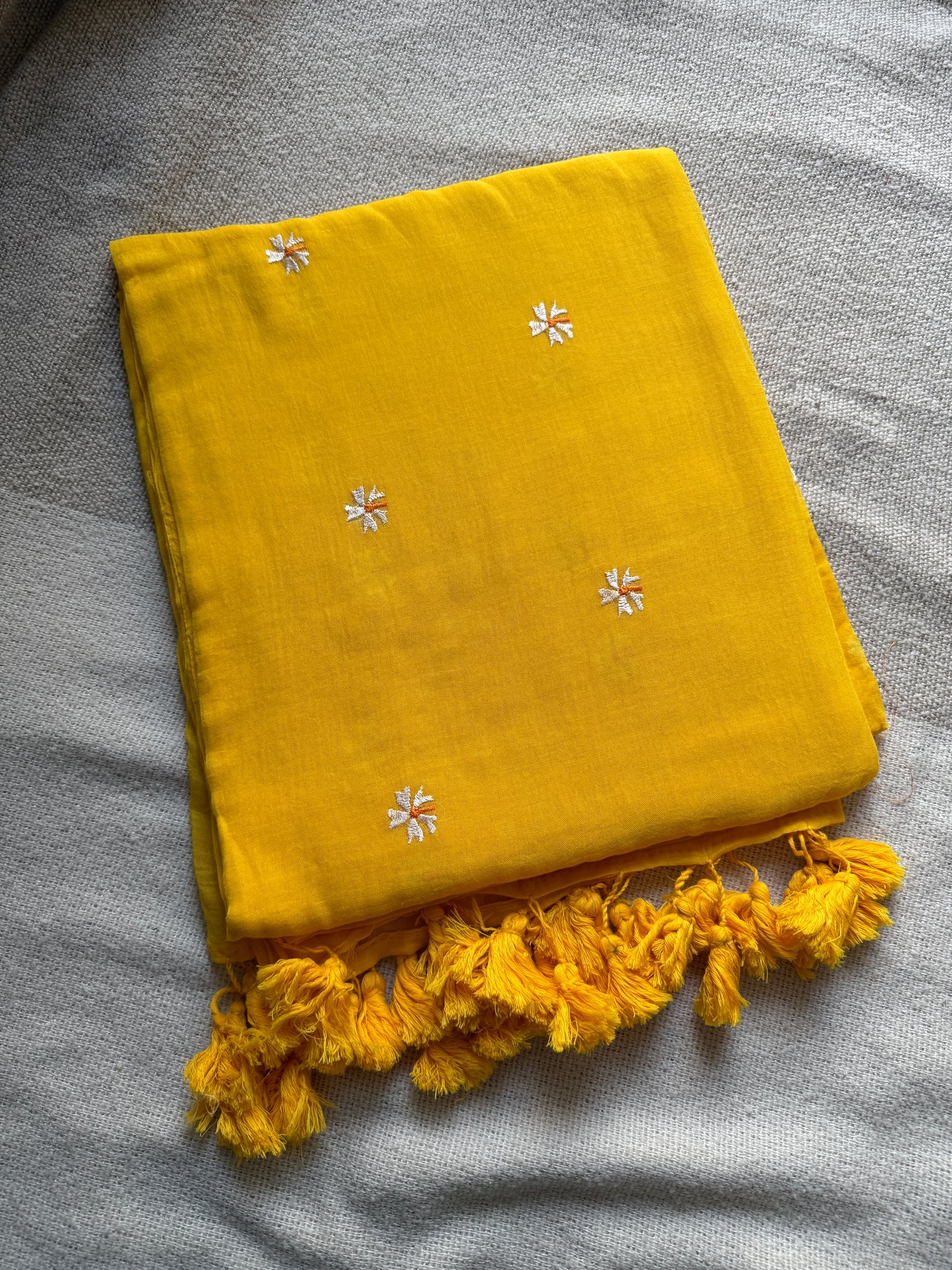 Yellow Parijaat Embroidered Mul Cotton Saree