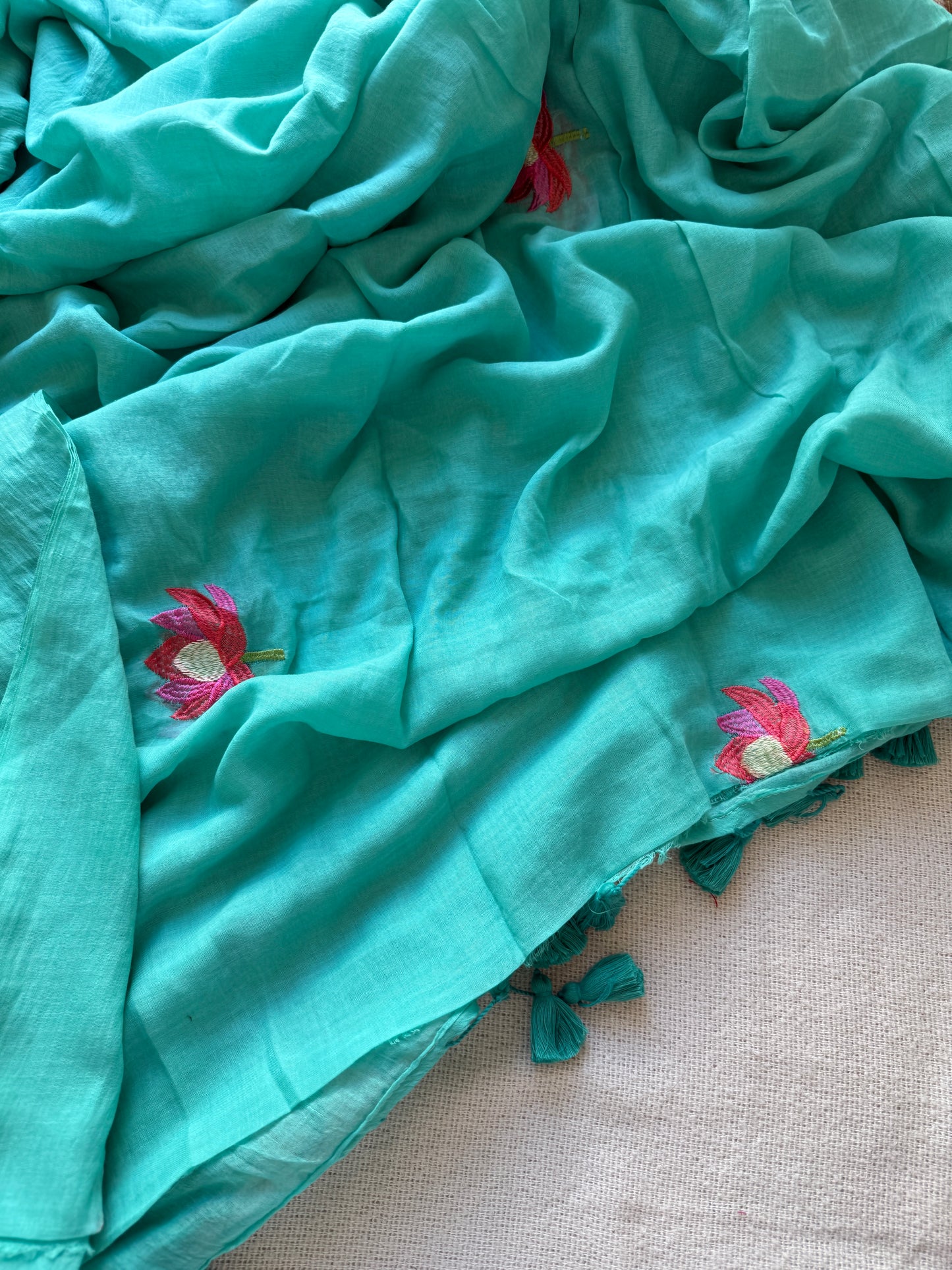 Lotus Embroidery Mul Cotton Saree