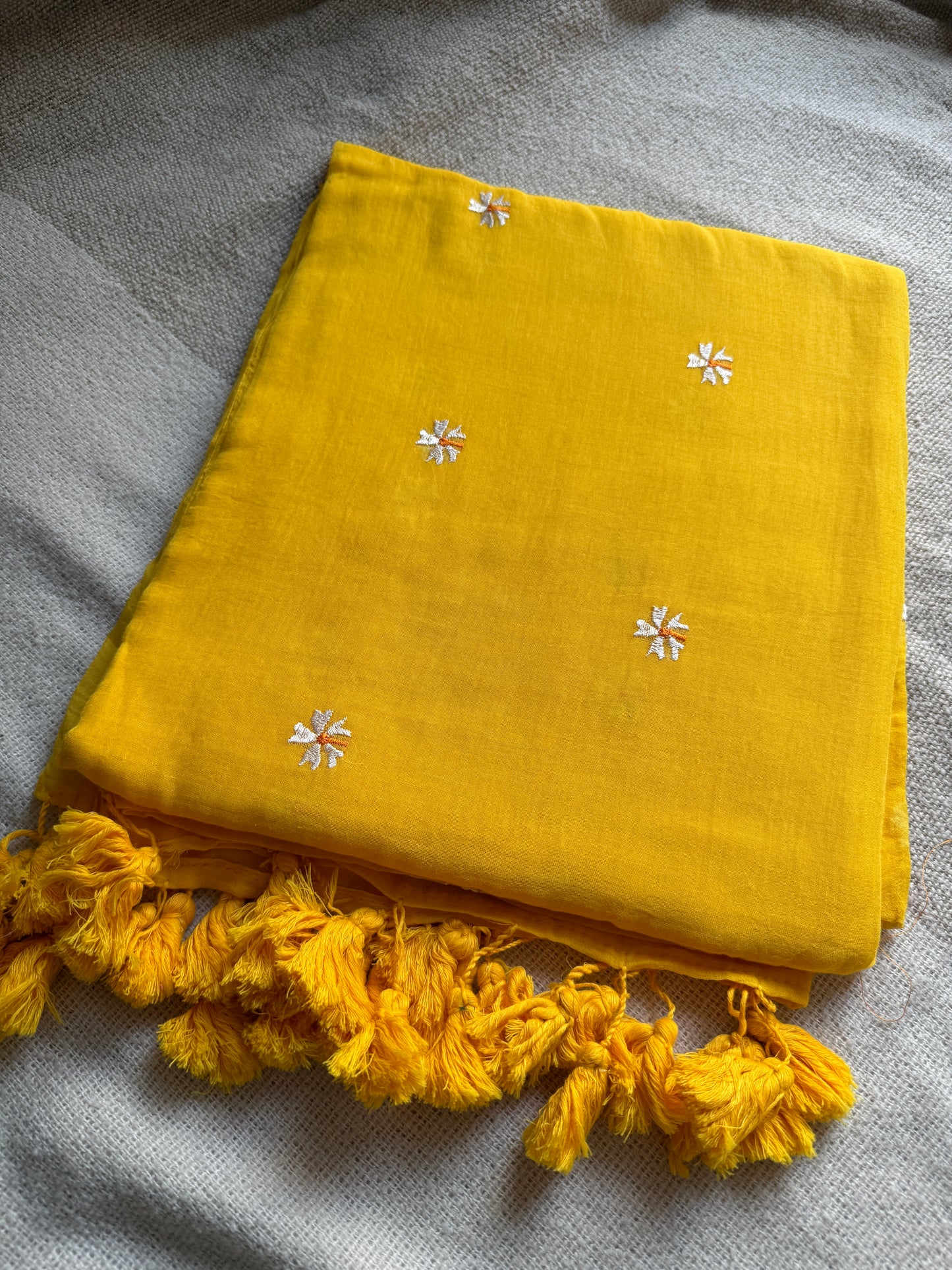 Yellow Parijaat Embroidered Mul Cotton Saree