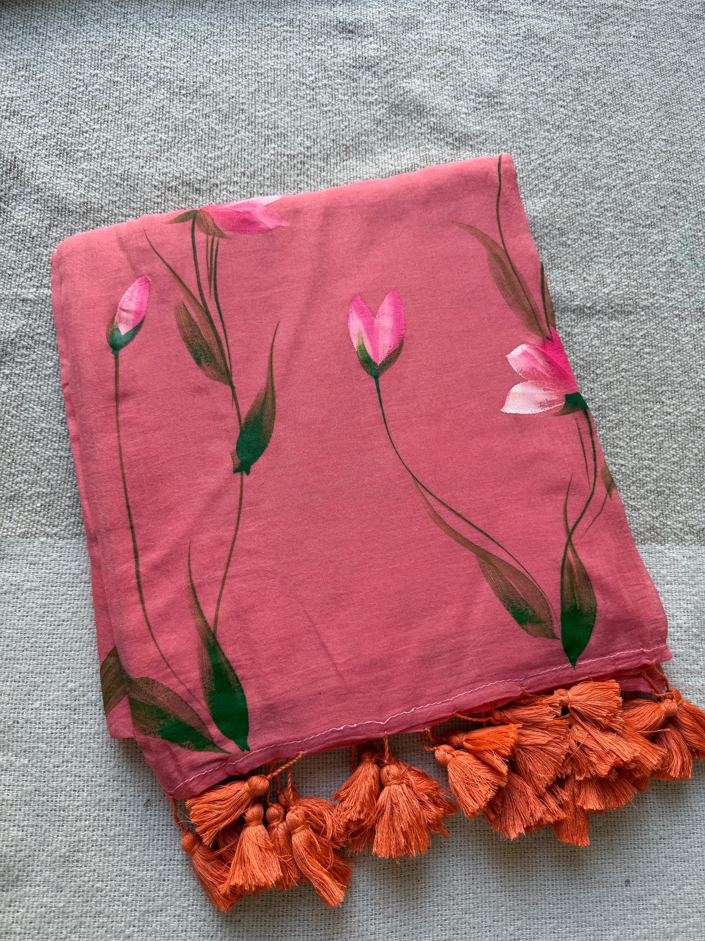 Peach Floral Handpainted Mul Cotton Saree