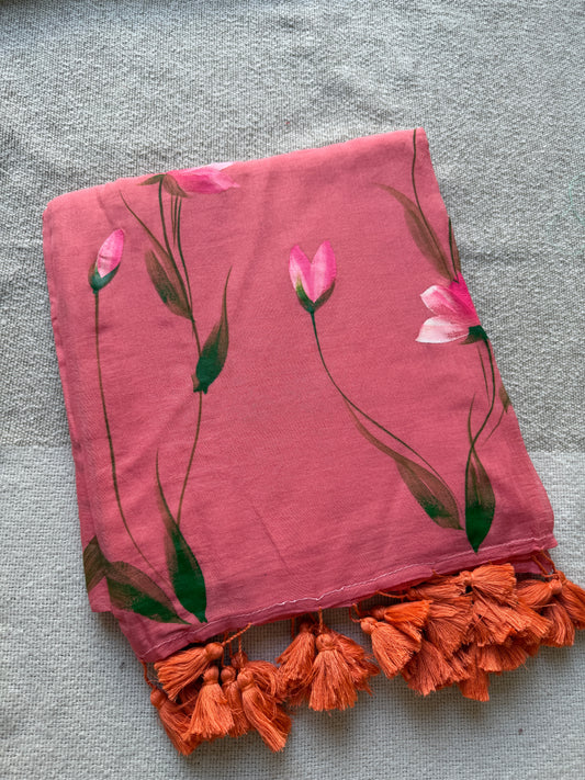 Peach Floral Handpainted Mul Cotton Saree