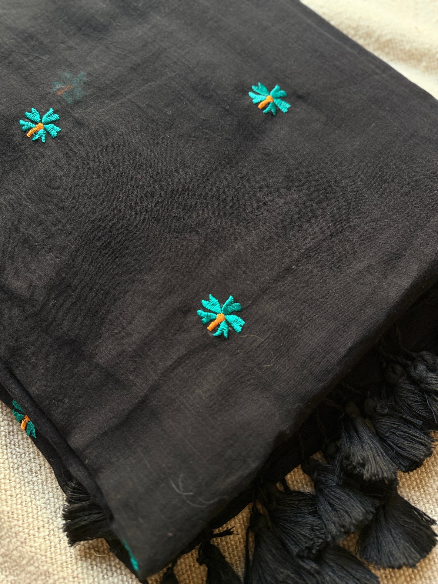 Black Mul Cotton Parijat Embroidered Saree