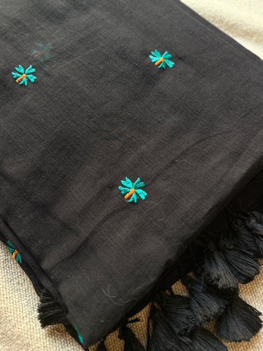 Black Mul Cotton Parijat Embroidered Saree