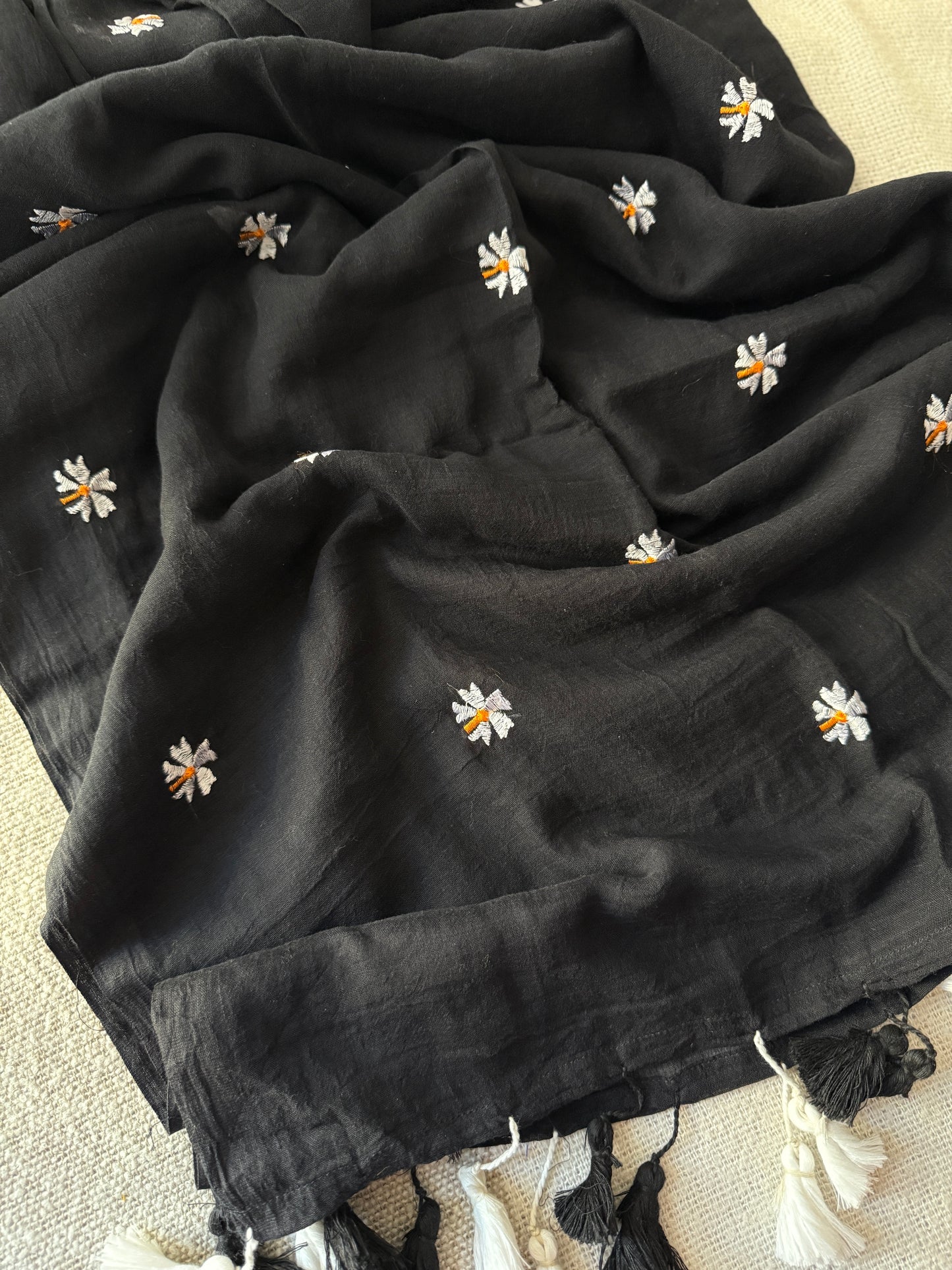 Parijaat Embroidered Black Mul Cotton Saree