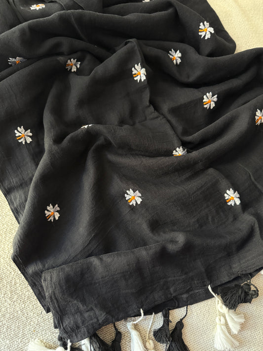 Parijaat Embroidered Black Mul Cotton Saree