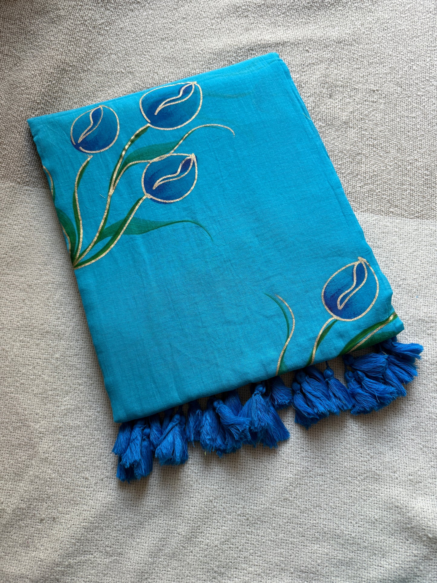 Handpainted Tulip Sky Blue Mul Cotton Saree