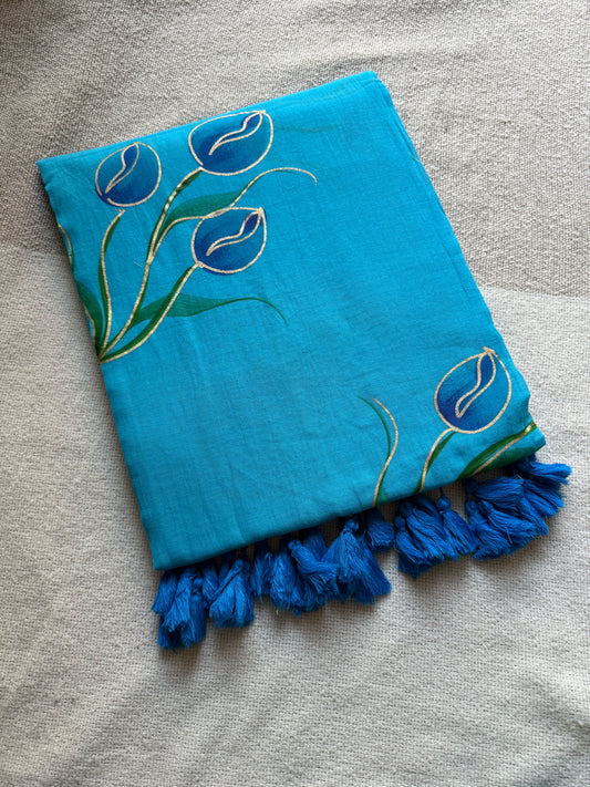 Handpainted Tulip Sky Blue Mul Cotton Saree