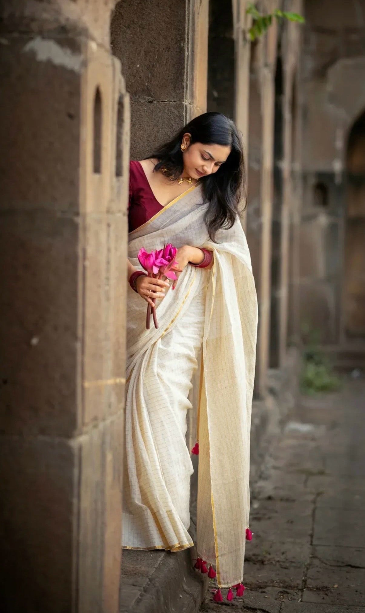 Off White Golden Checkered Saree