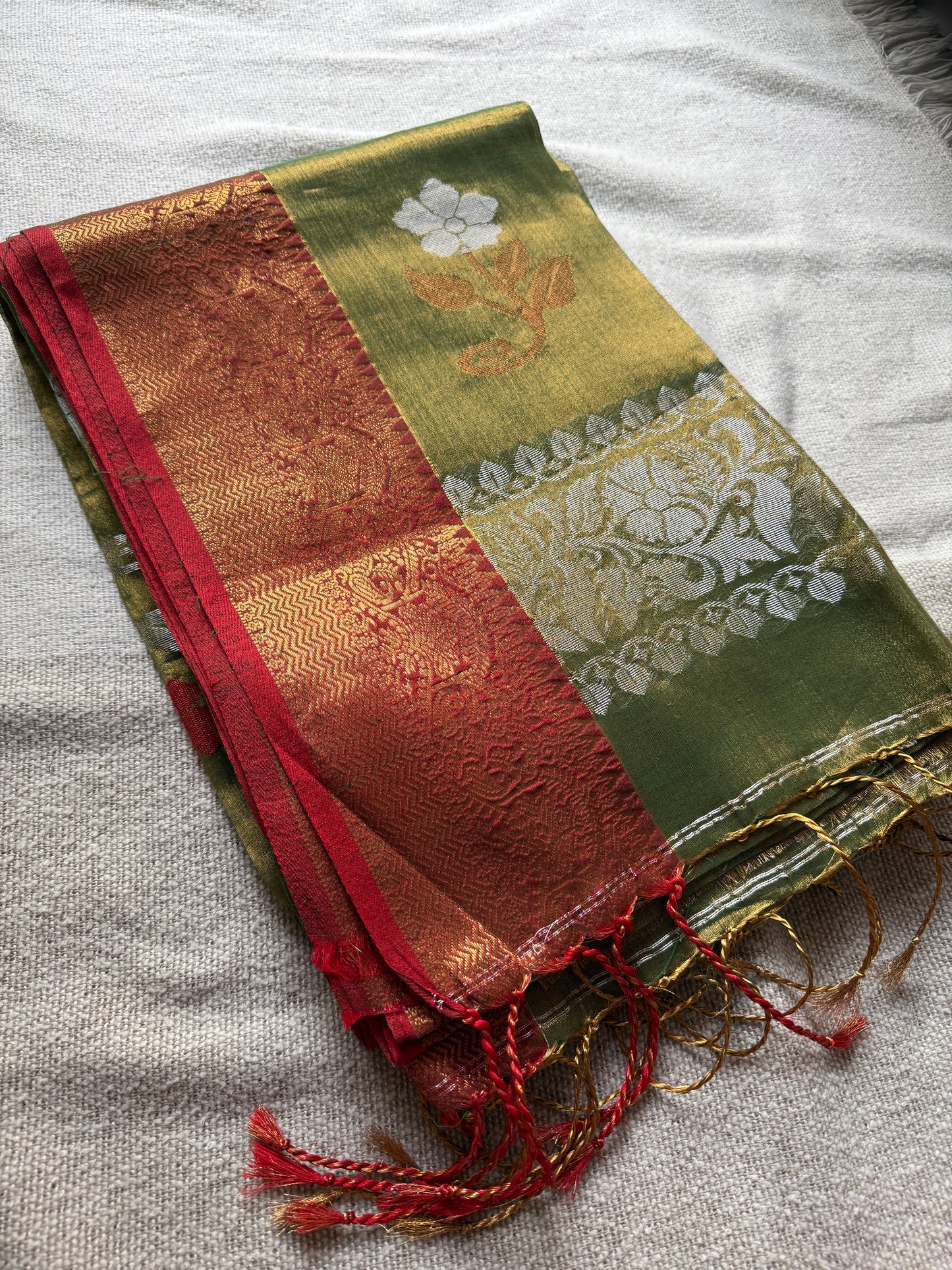 Olive Green Golden Red Border Tissue Saree