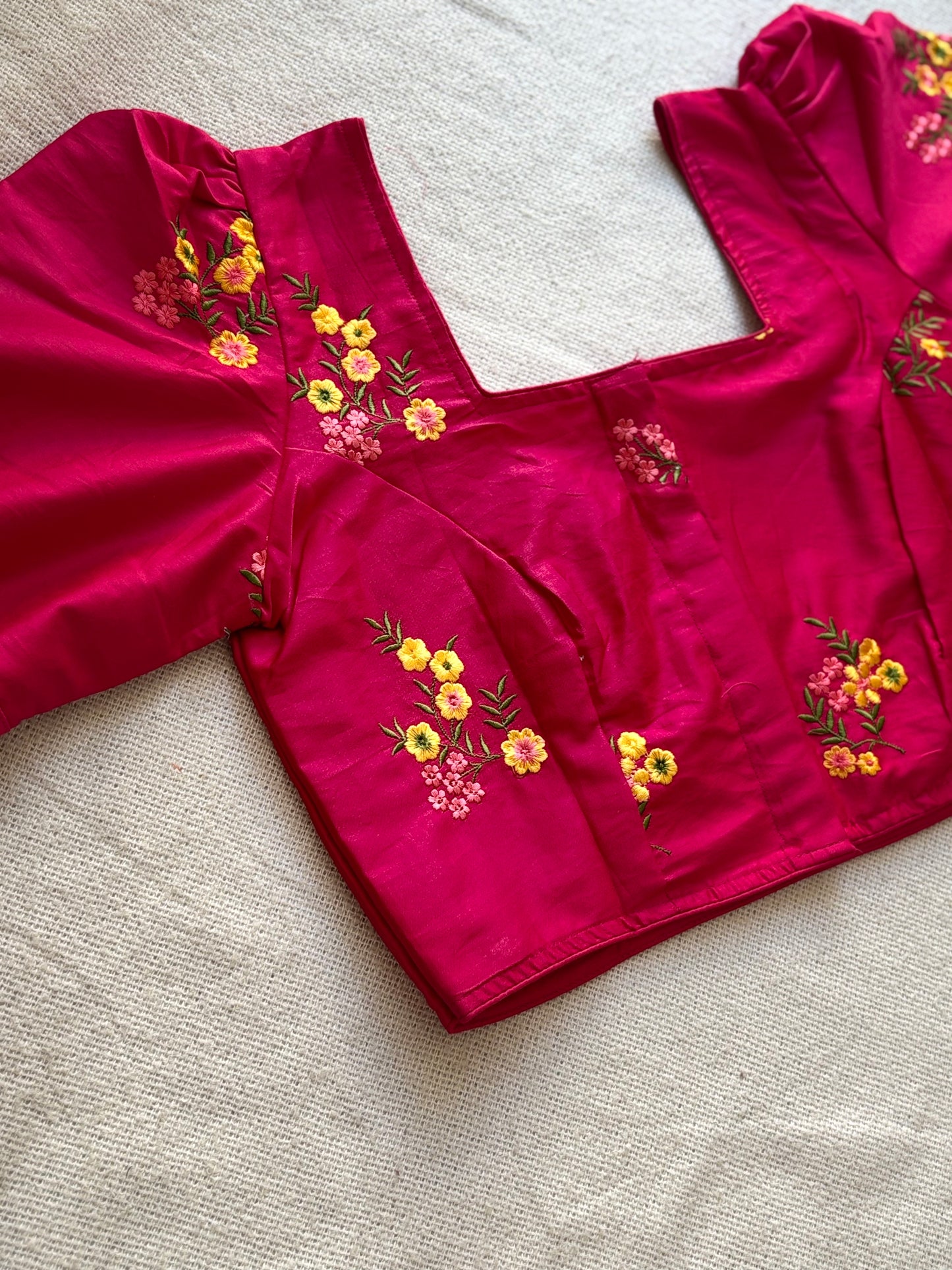 Puff Sleeves Hot Pink Blouse with Floral Embroidery 🌸