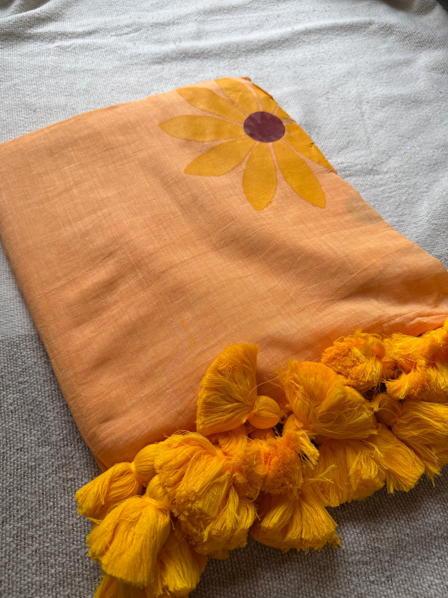 Handpainted Sunflower Peach / Orange Mul Cotton Saree