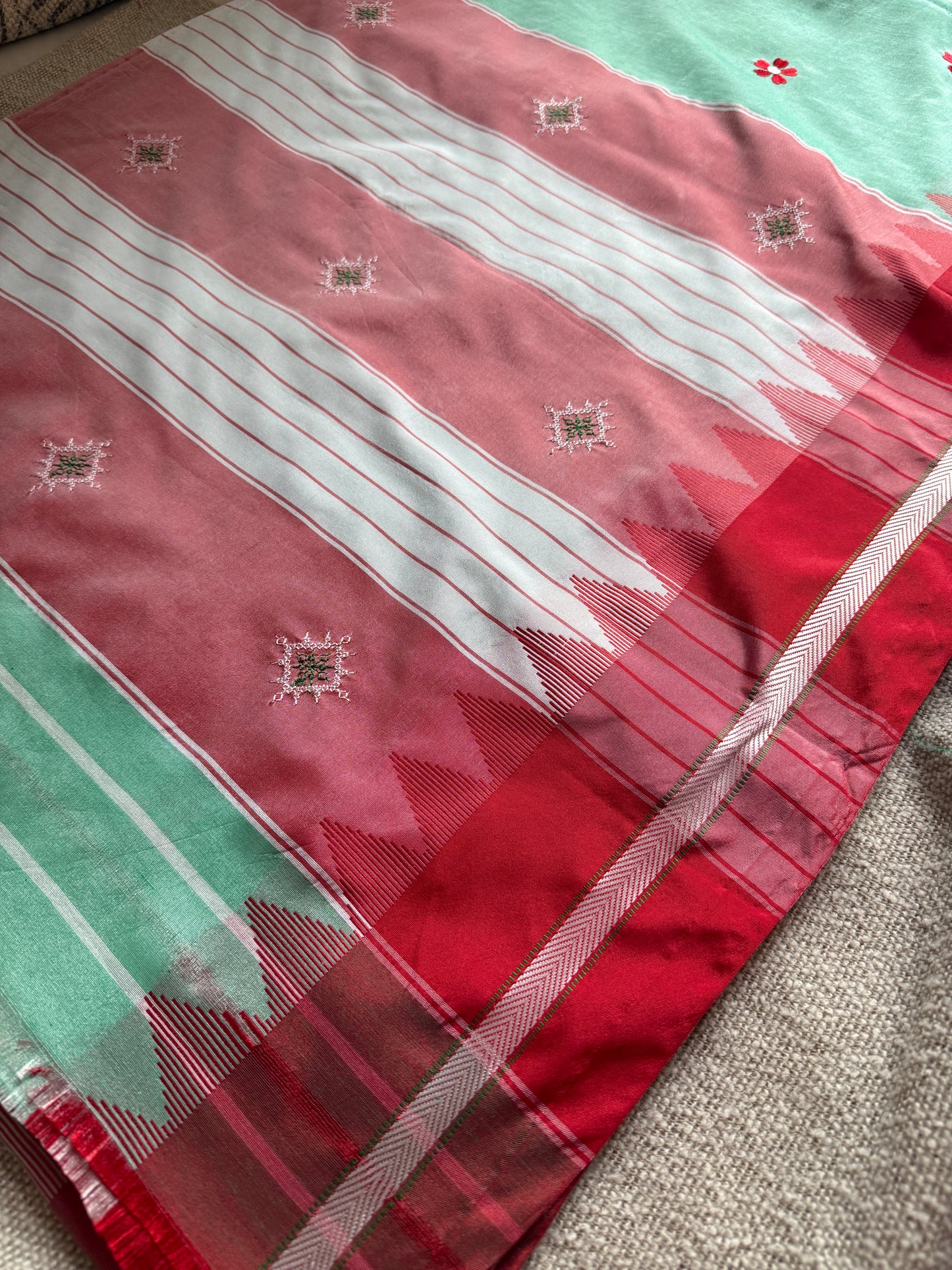 Mint Green with Red Sadafuli Irkal Saree