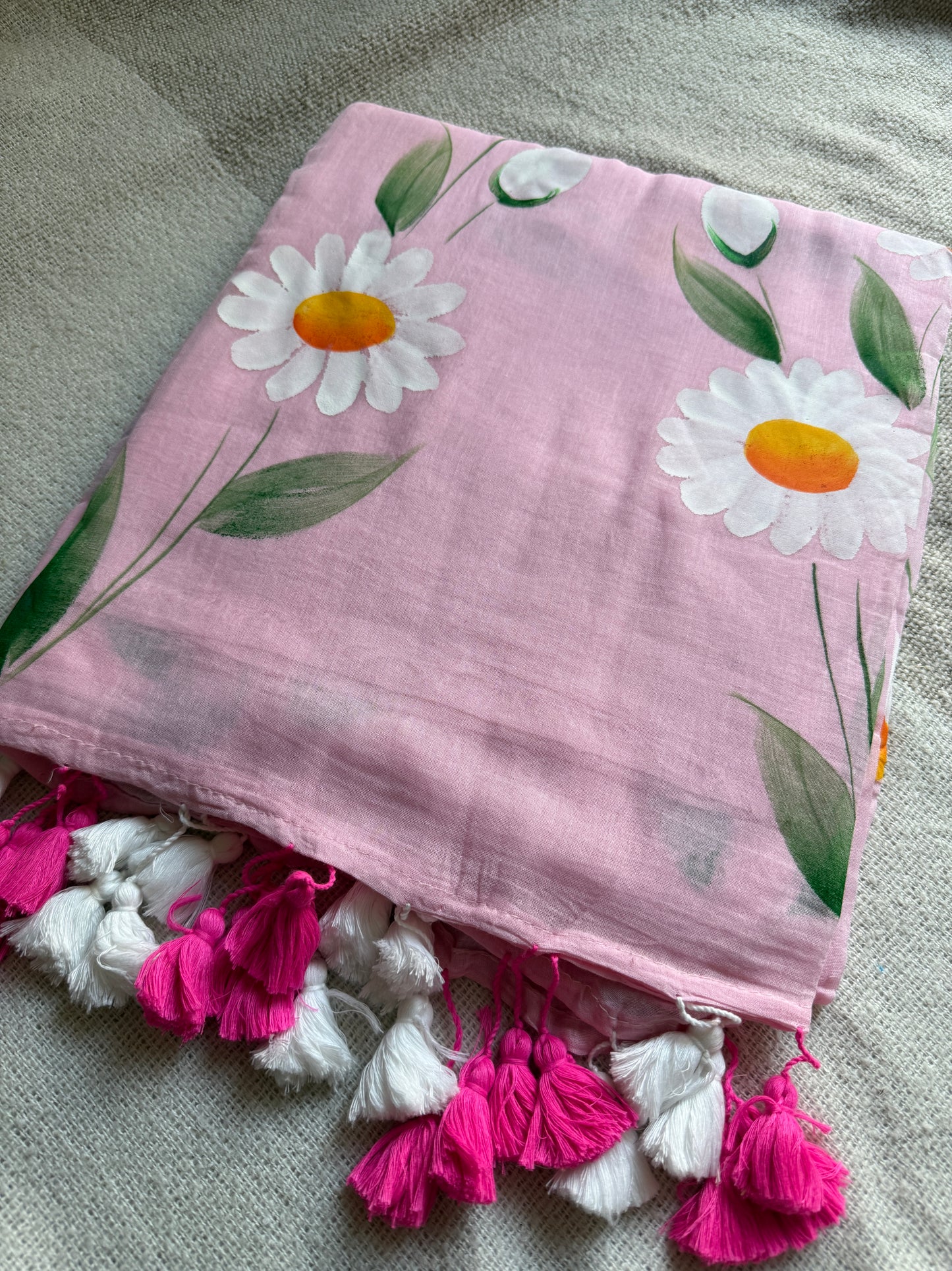 Daisy Handpainted Pink Mul Cotton Saree