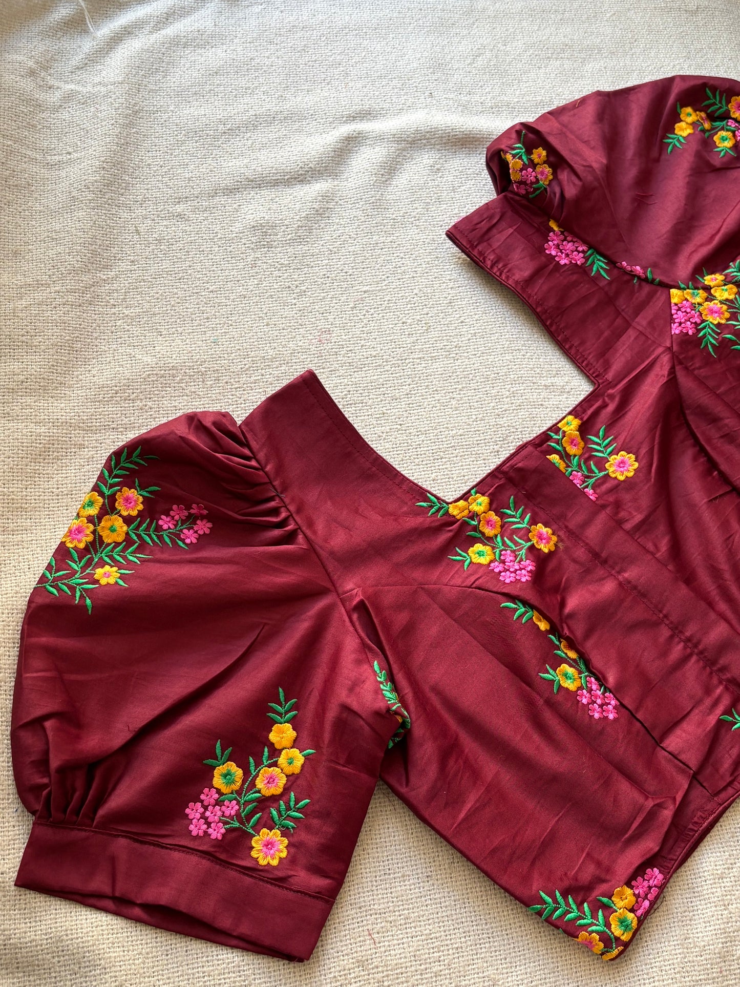 Puff Sleeves Maroon Blouse with Floral Embroidery 🌸