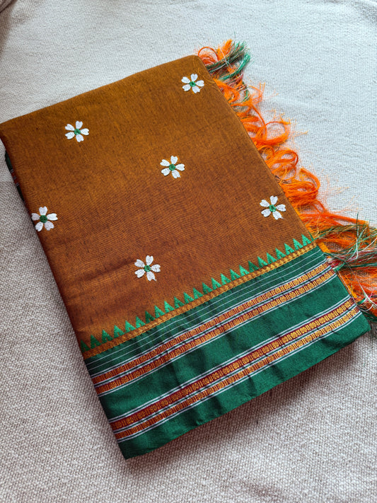 Mustard Yellow Narayanpeth with Sadafuli Embroidery Saree