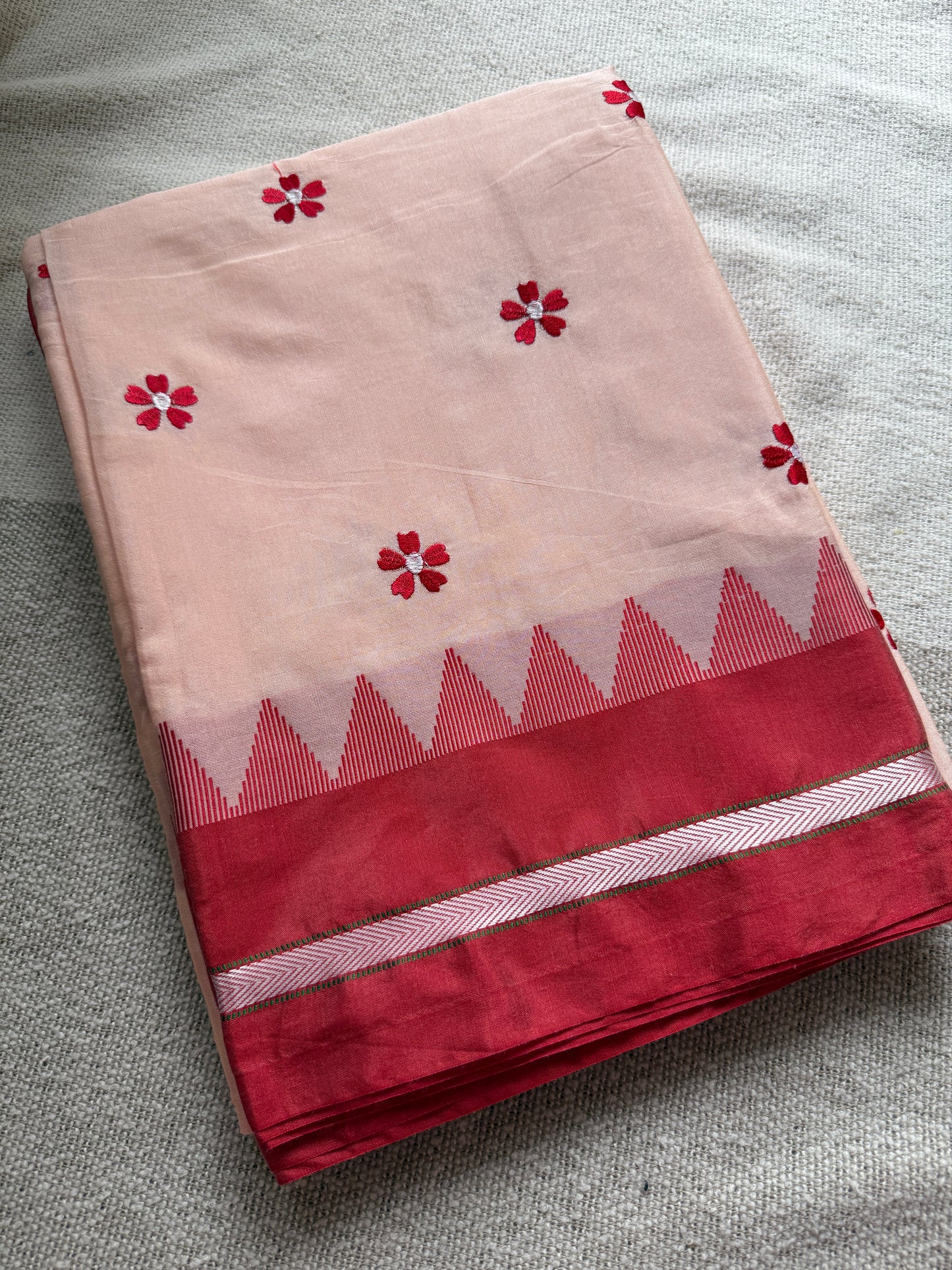 Peach with Red Border Sadafuli Irkal Saree