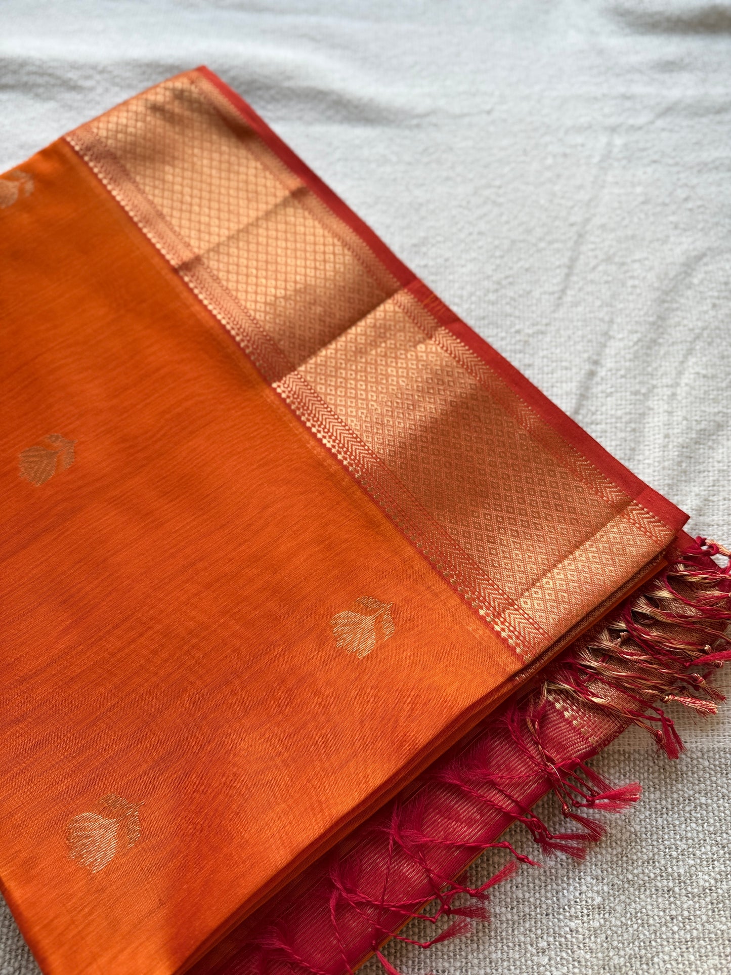 Orange Lotuf Motif Maheshwari Saree