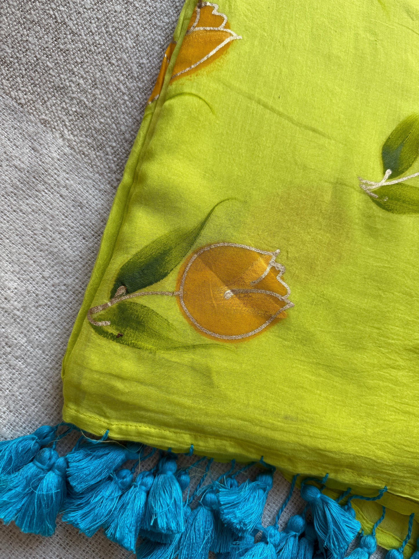 Rose Handpainted Neon Green Mul Cotton Saree