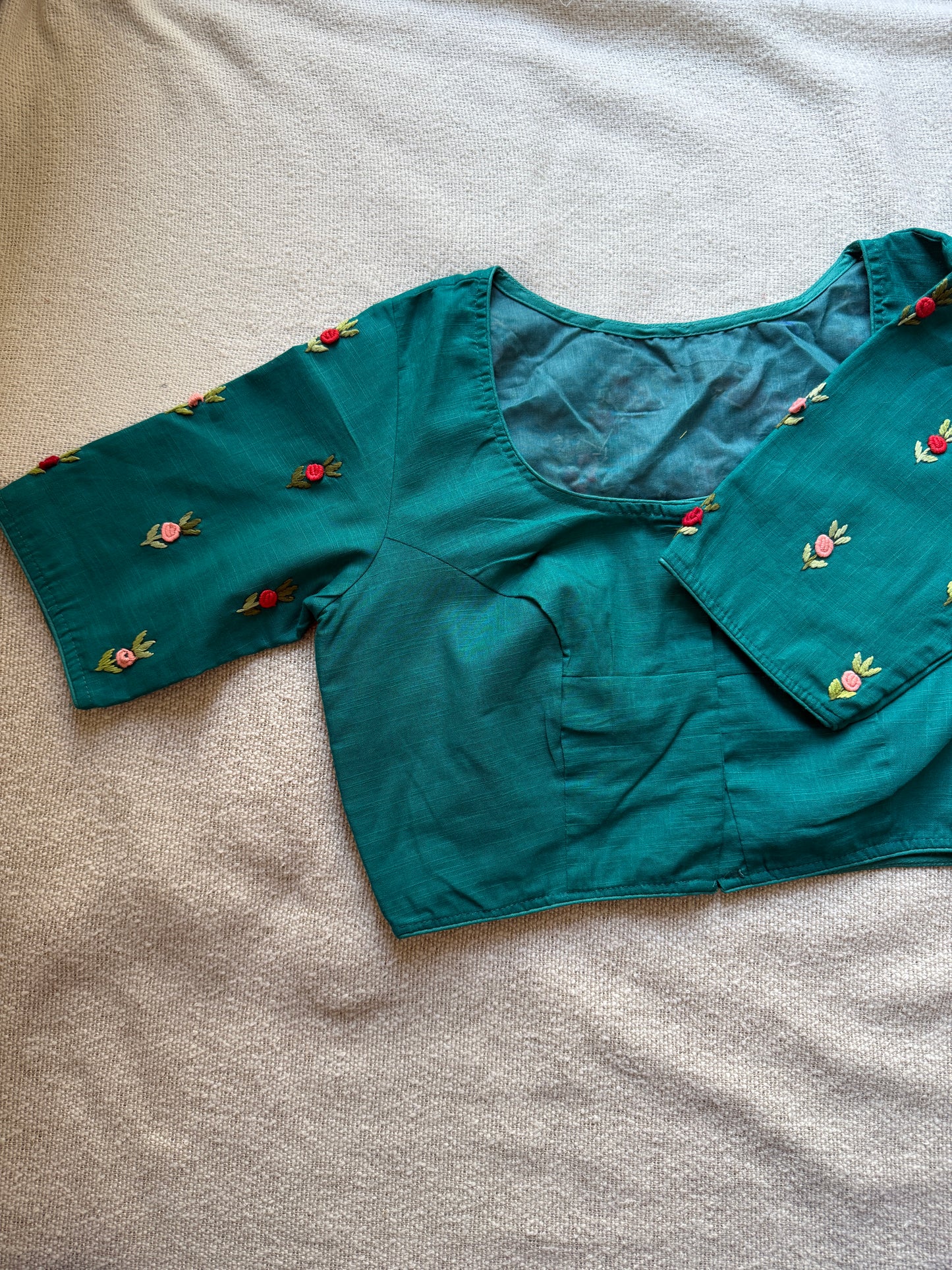 Hand-Embroidered Teal Non-Padded Blouse