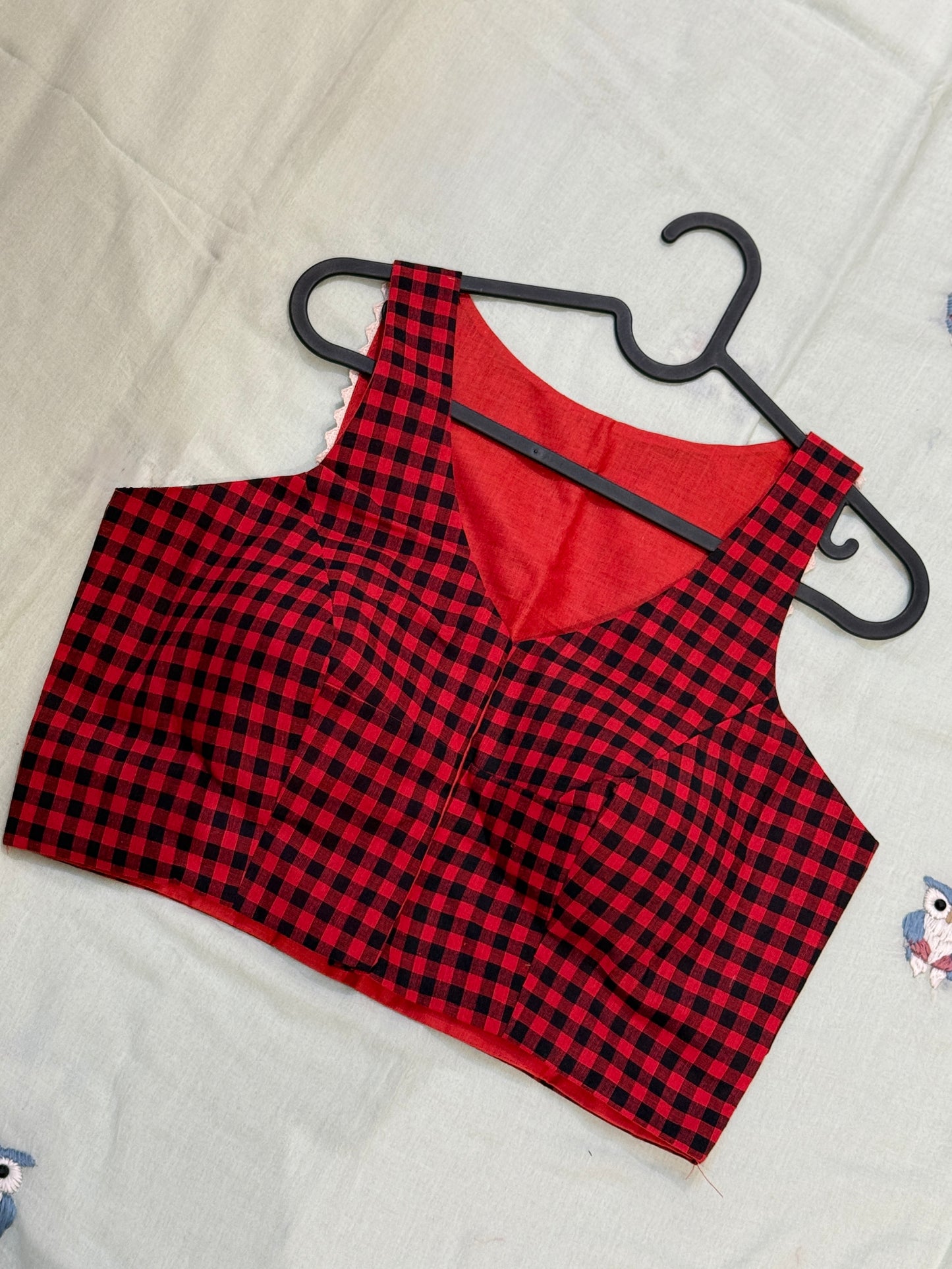 Red and Black Checkered Halterneck Blouse 🌸