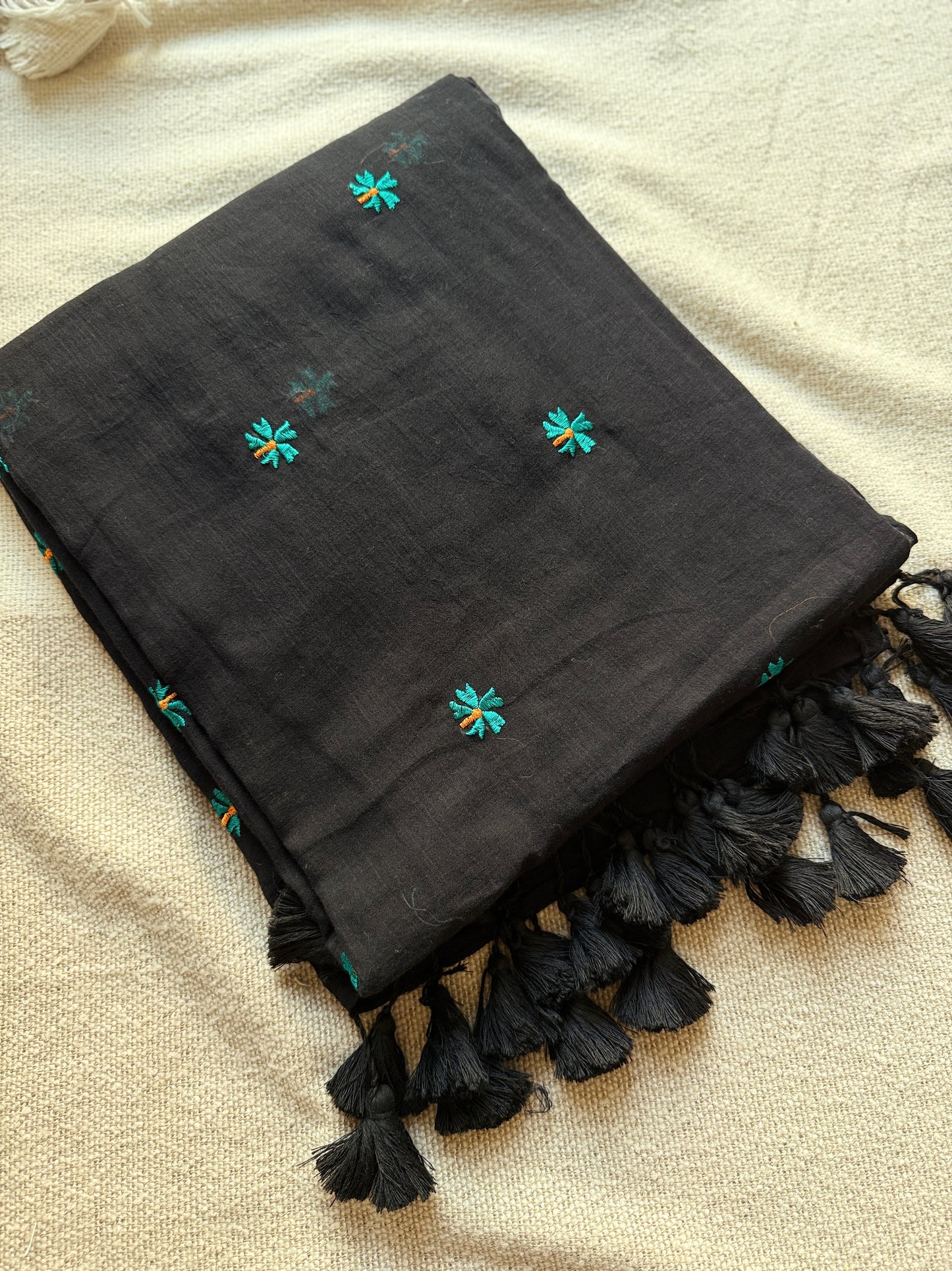 Black Mul Cotton Parijat Embroidered Saree