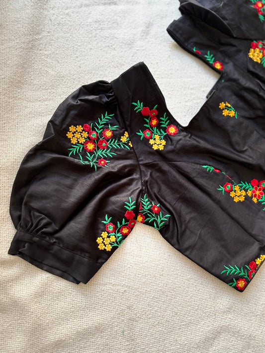Puff Sleeves Embroidered Black Blouse