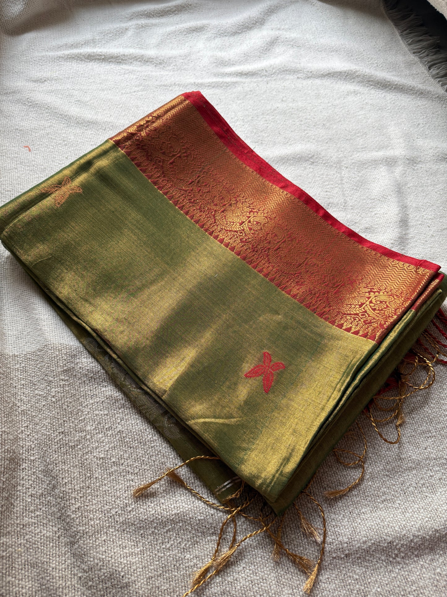 Olive Green Golden Red Border Tissue Saree