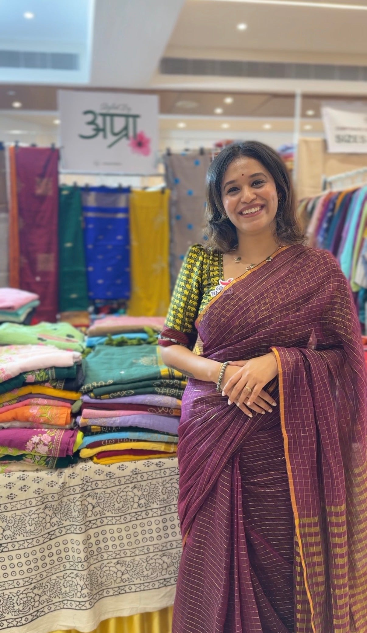 Purple & Golden Checkered Mul Cotton Saree