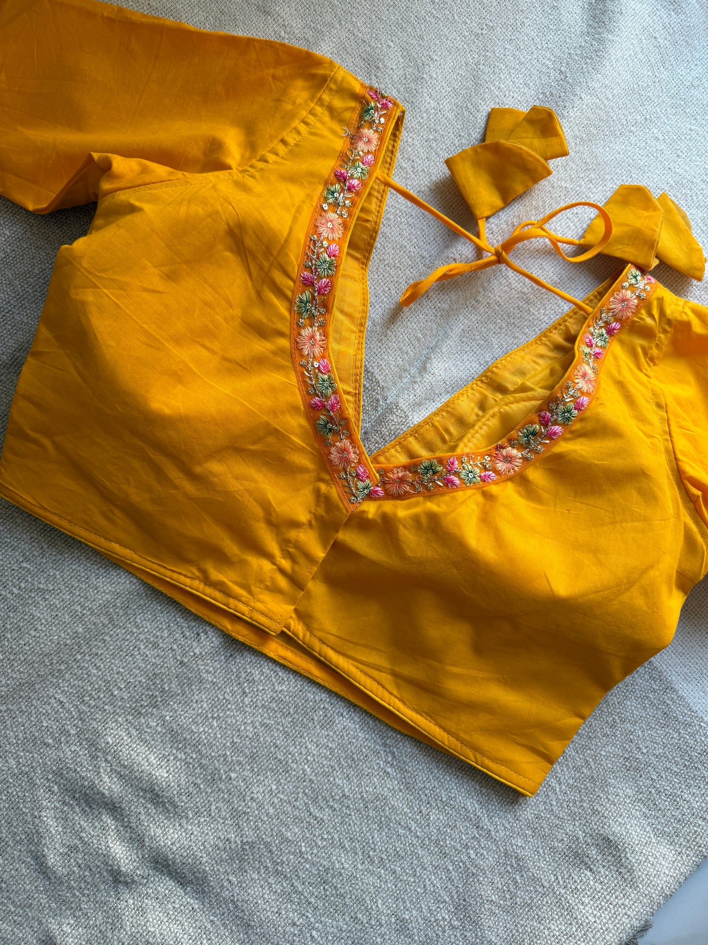 Yellow Deep V Neck Lace Blouse