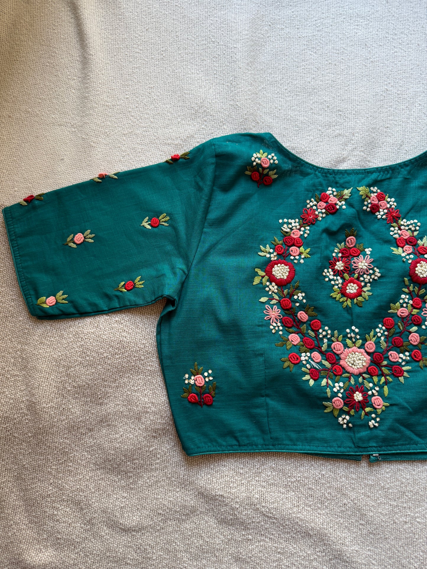 Hand-Embroidered Teal Non-Padded Blouse