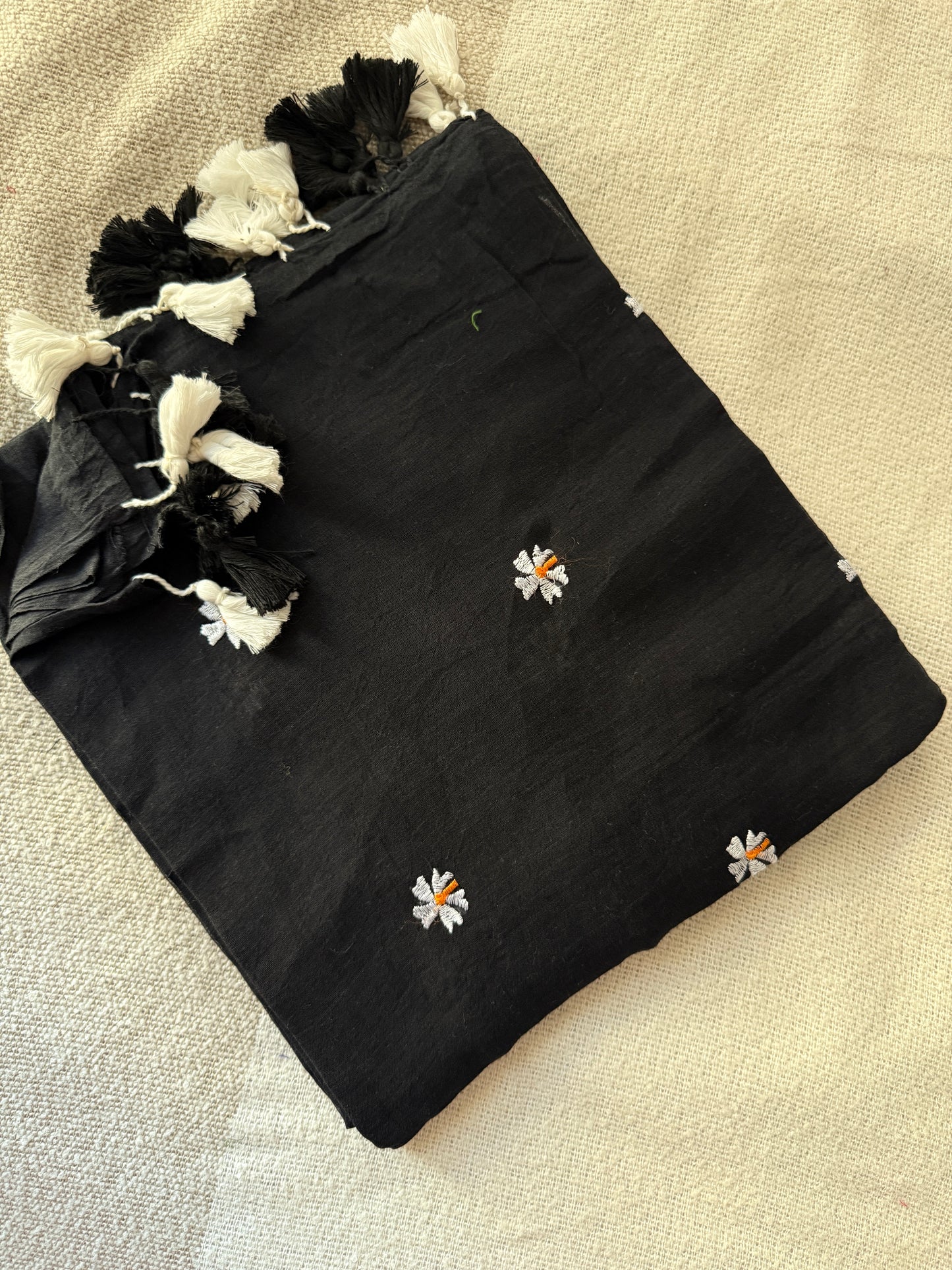 Parijaat Embroidered Black Mul Cotton Saree