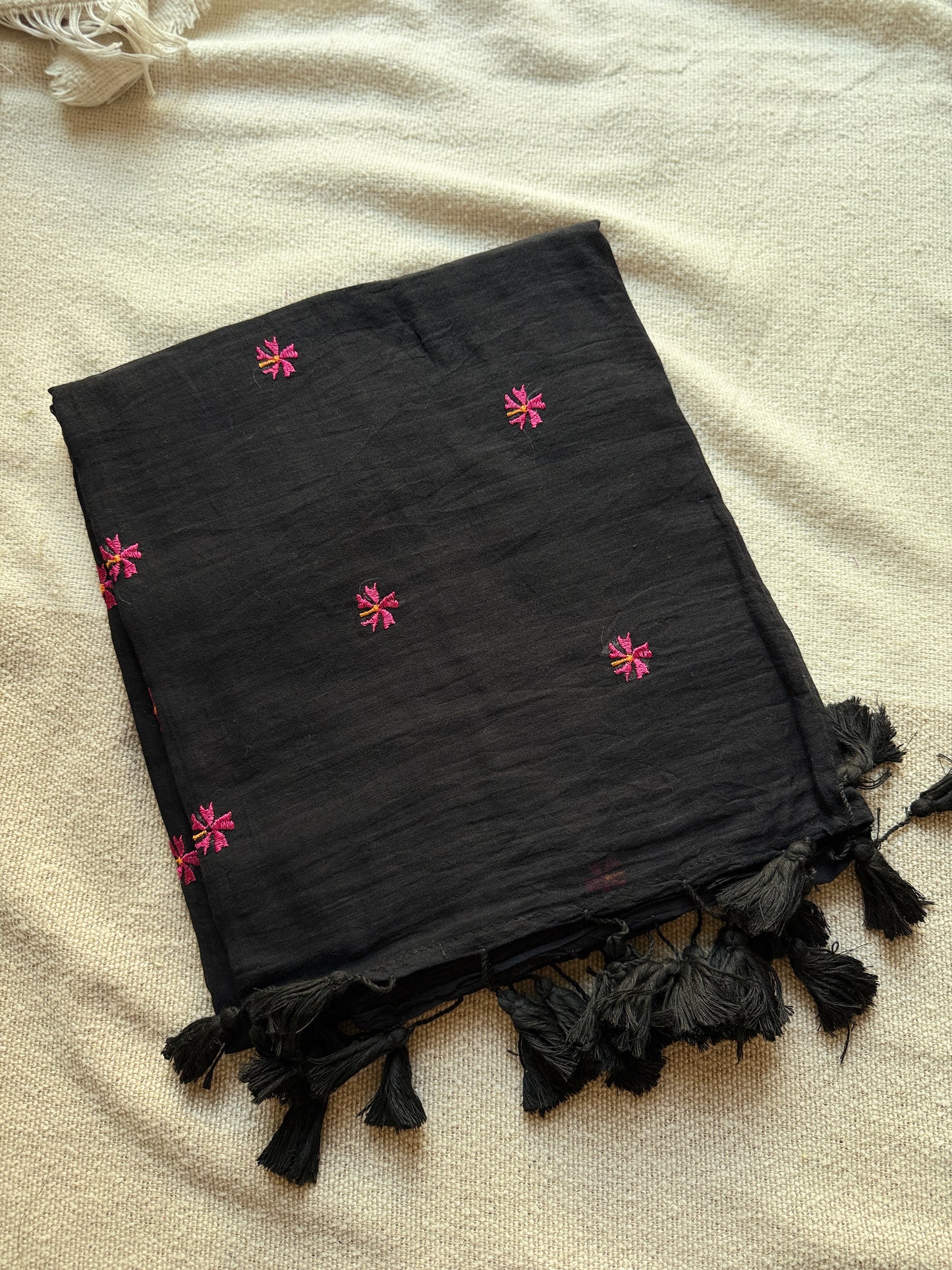 Black Mul Cotton Contrast Parijaat Embroidered Saree
