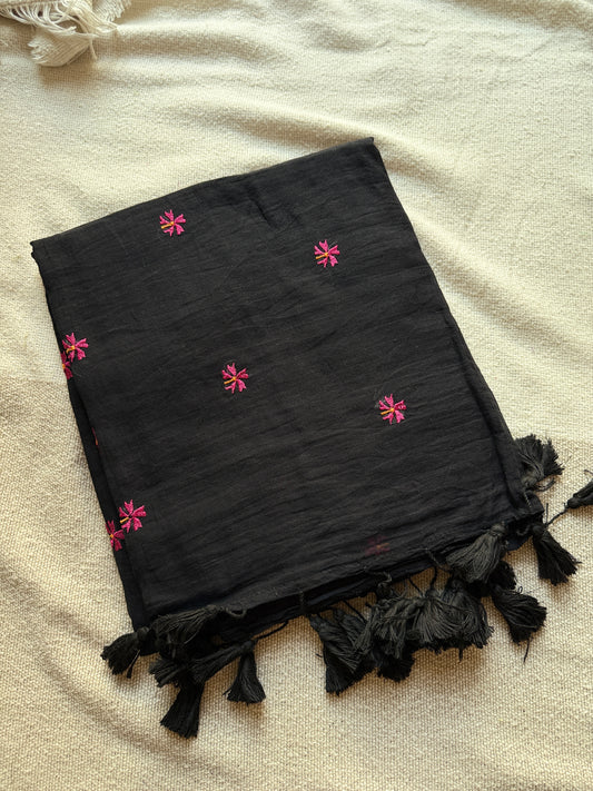 Black Mul Cotton Contrast Parijaat Embroidered Saree