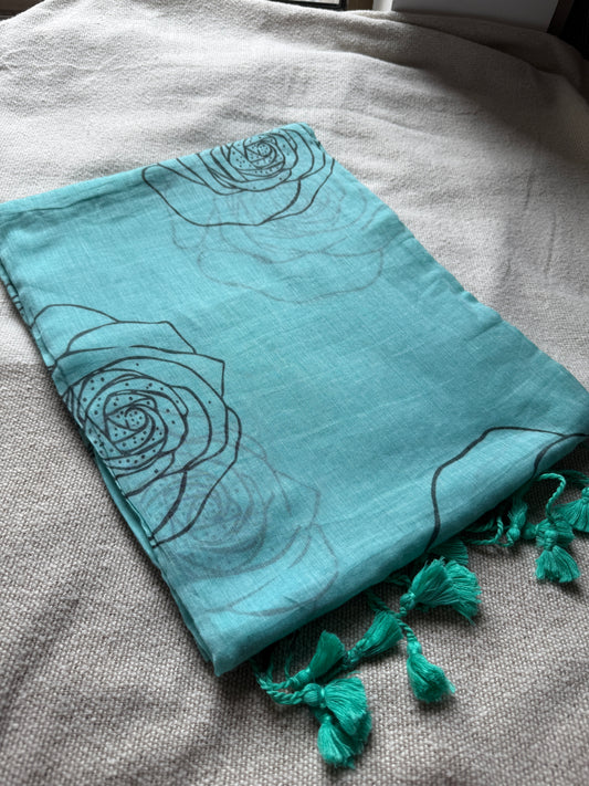 Rose Printed Sea-Green Mul Cotton Saree