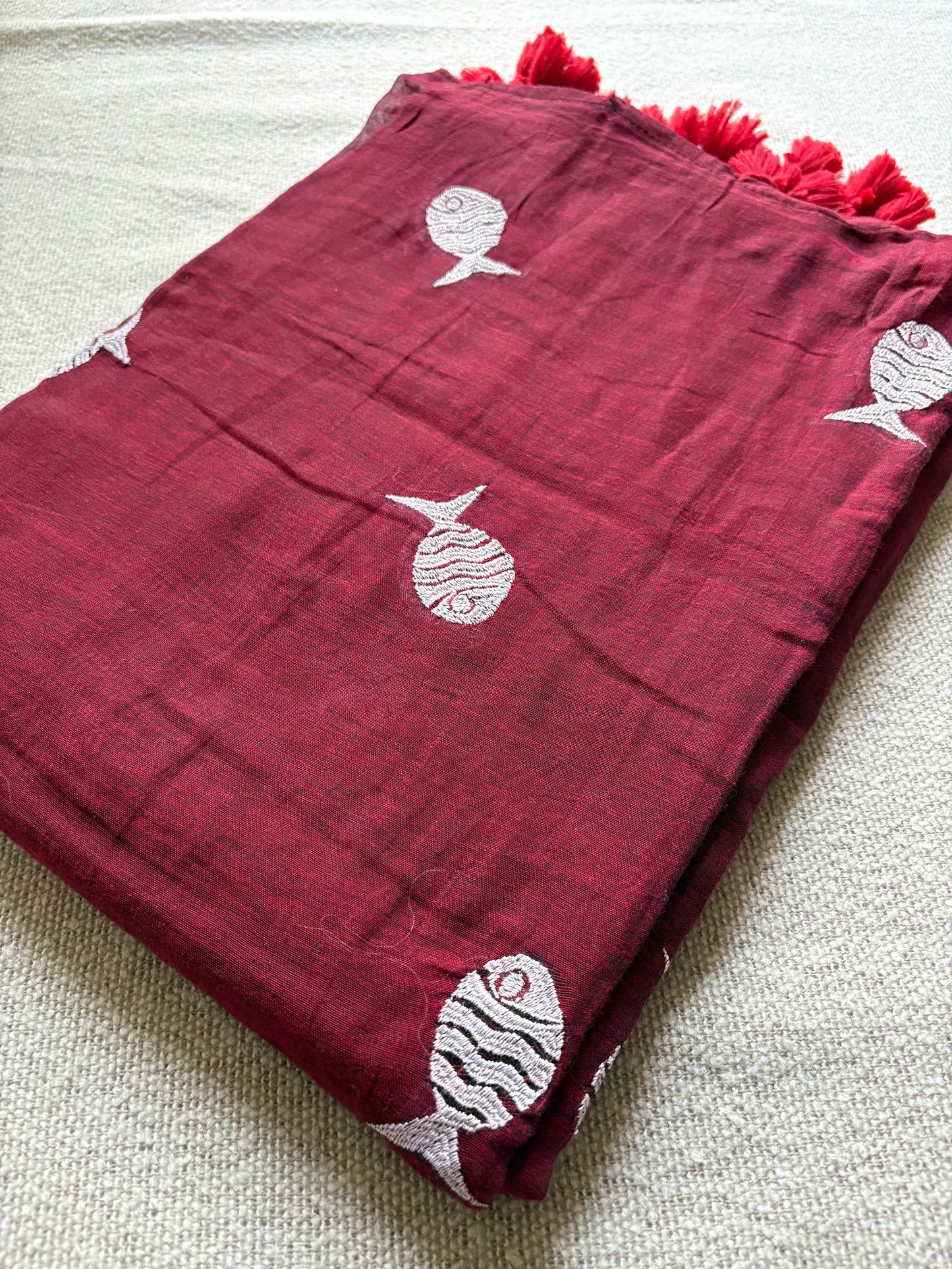 Maroon Fish Embroidery Mul Cotton Saree