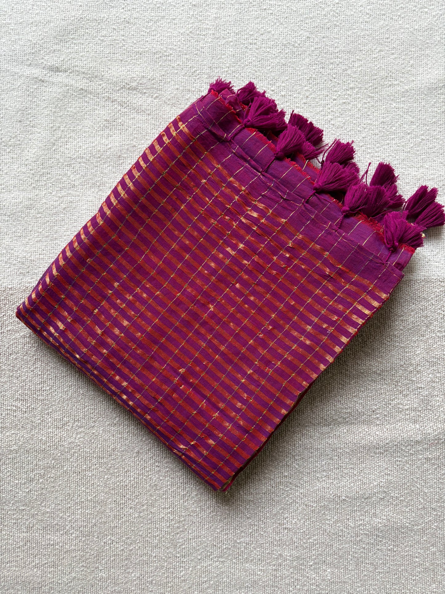Purple & Golden Checkered Mul Cotton Saree