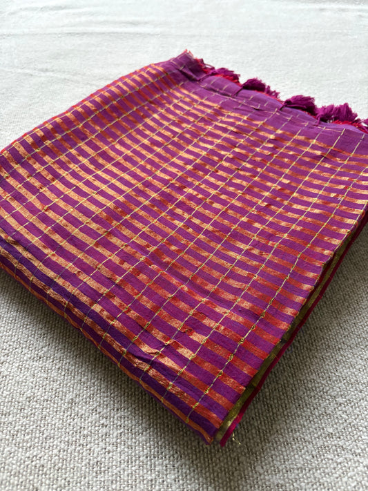 Purple & Golden Checkered Mul Cotton Saree
