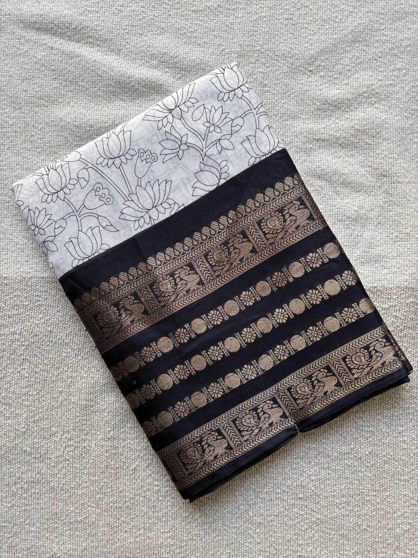 Black & White Kalamkari Digital Print Silk Saree