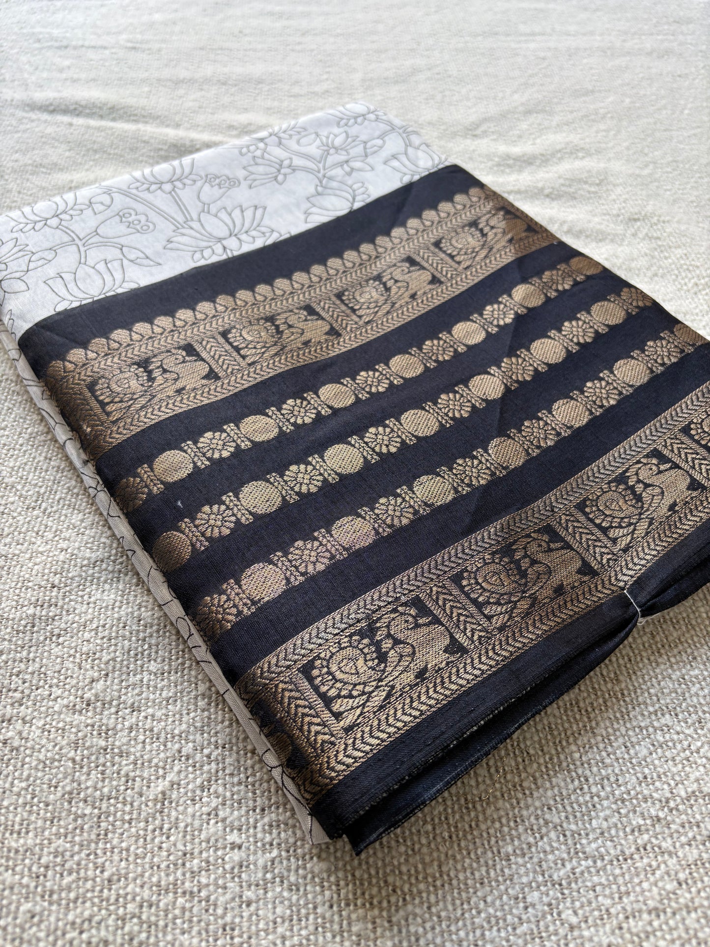 Black & White Kalamkari Digital Print Silk Saree