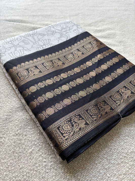 Black & White Kalamkari Digital Print Silk Saree