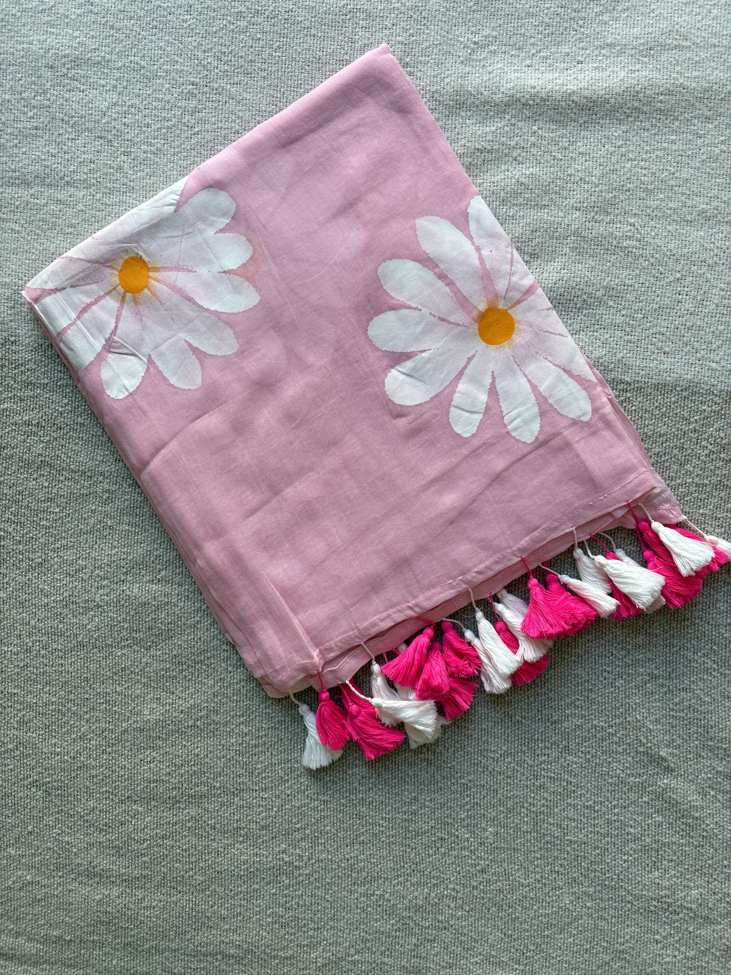 Light Pink Sunflower Handpainted Mul Cotton Saree