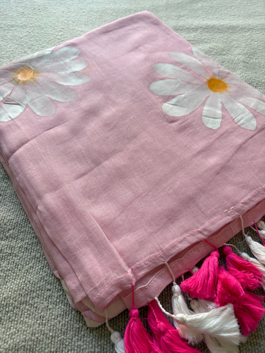 Light Pink Sunflower Handpainted Mul Cotton Saree