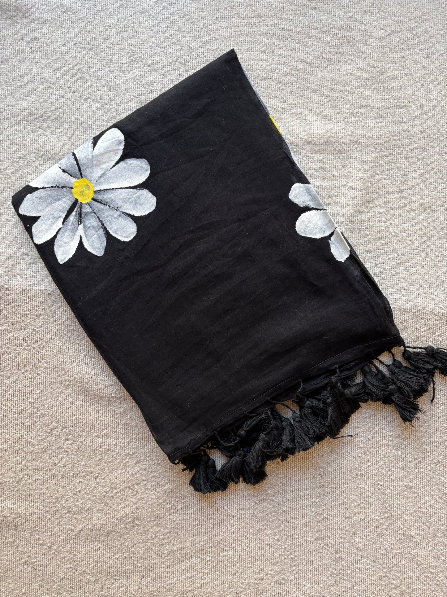 Black Sunflower Handpainted Mul Cotton Saree