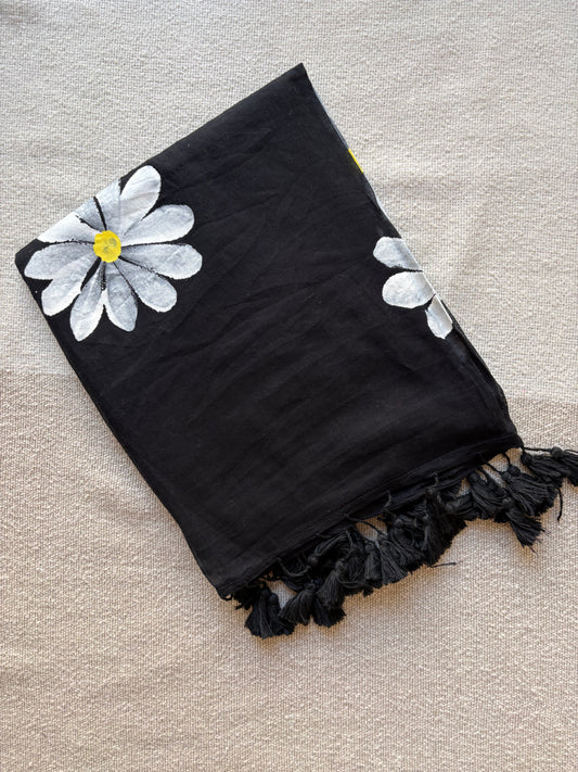 Black Sunflower Handpainted Mul Cotton Saree