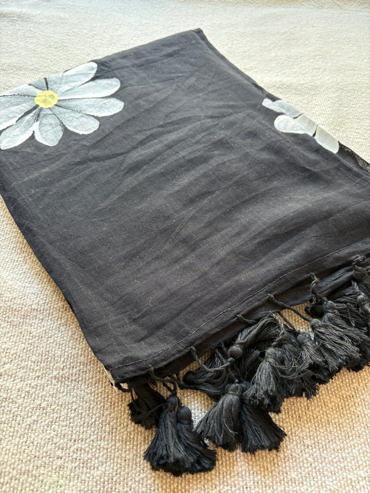 Black Sunflower Handpainted Mul Cotton Saree