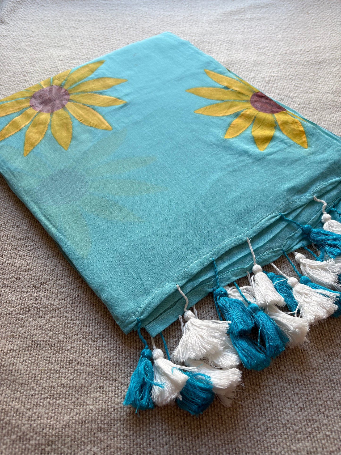 Sky Blue Sunflower Handpainted Mul Cotton Saree