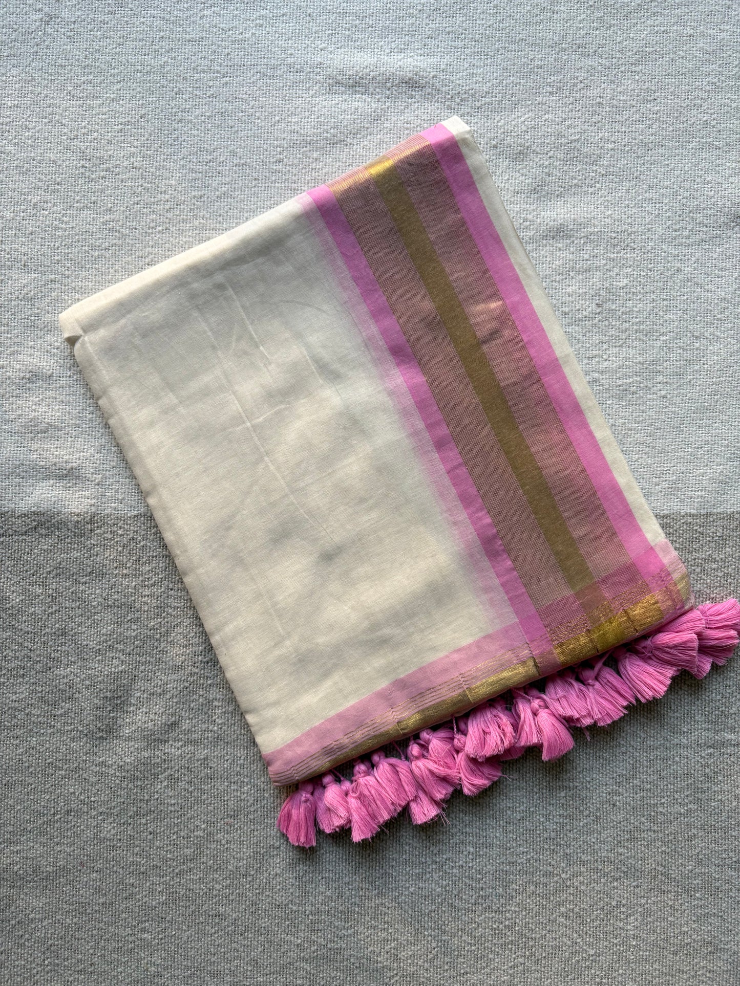 Pink and Off White Golden Zari Bordered Mul cotton Saree