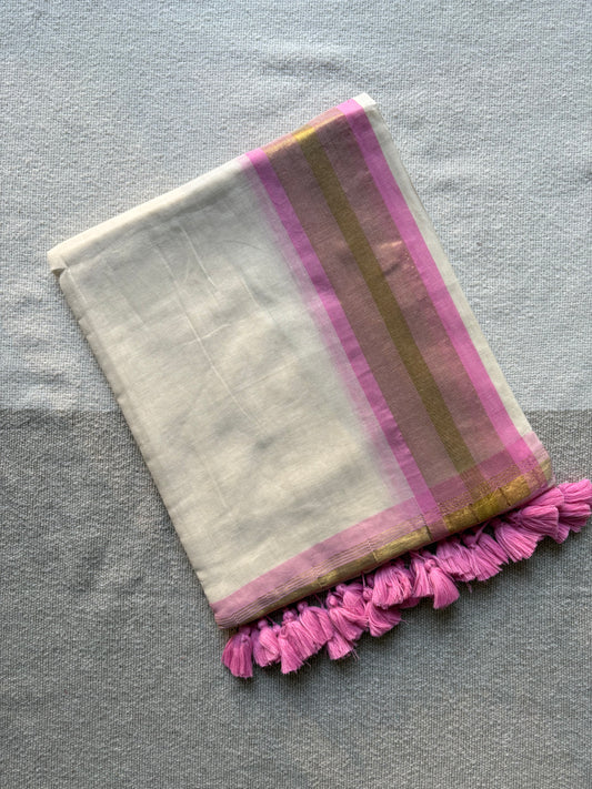 Pink and Off White Golden Zari Bordered Mul cotton Saree