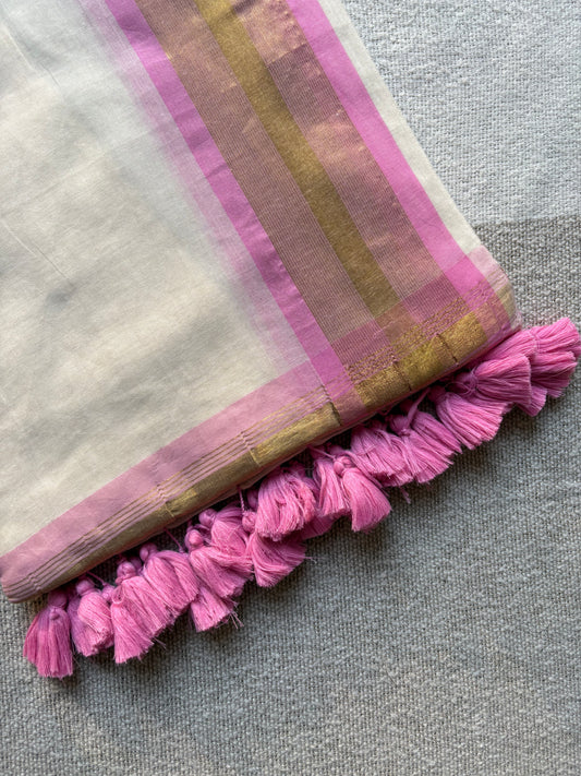 Pink and Off White Golden Zari Bordered Mul cotton Saree